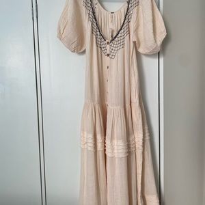 Free People Sunday Stroll Dress Tiered Ruffled Embroidery Pink Ivory Medium NWT